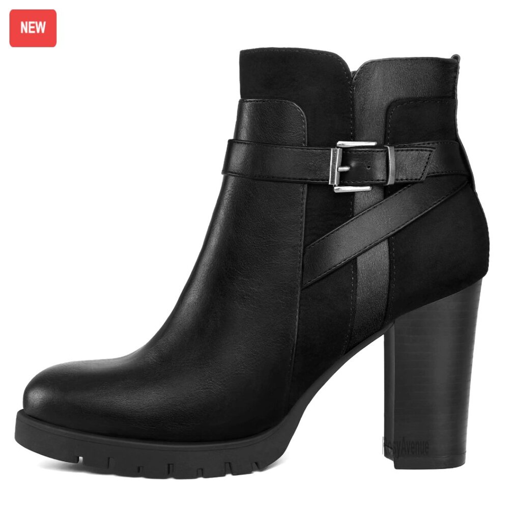 Women's Chunky Heel Ankle Booties With Side Zipper - Waterproof Pu Material